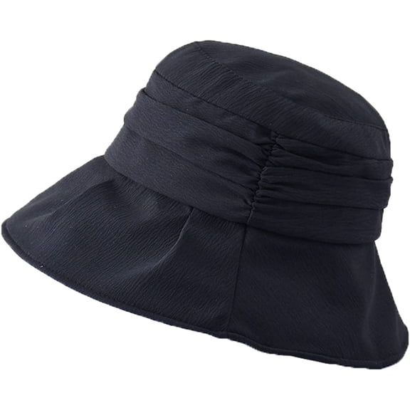 CoCopeaunts Women Bucket Hat Foldable Ladies Irregular Pleated Design Basin Hat Solid Color Sun Cap Adjustable Chin Strap