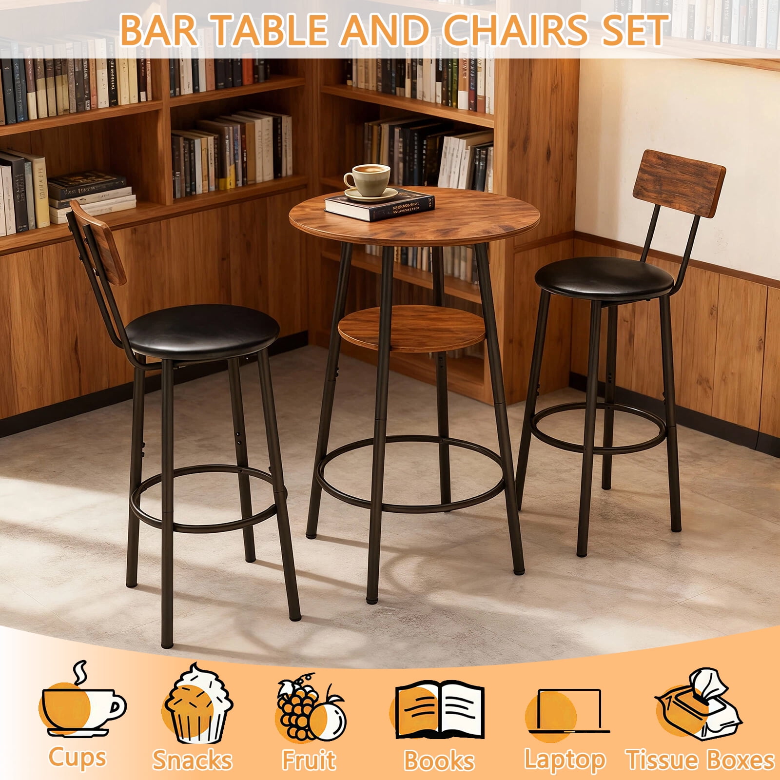 Bar Table Set, 3-Piece Round Dining Table with 2-Tier Storage and 2 PU Upholstered Stools, Compact Design for Small Spaces and Apartments, 23.62 Inch Diameter Brown