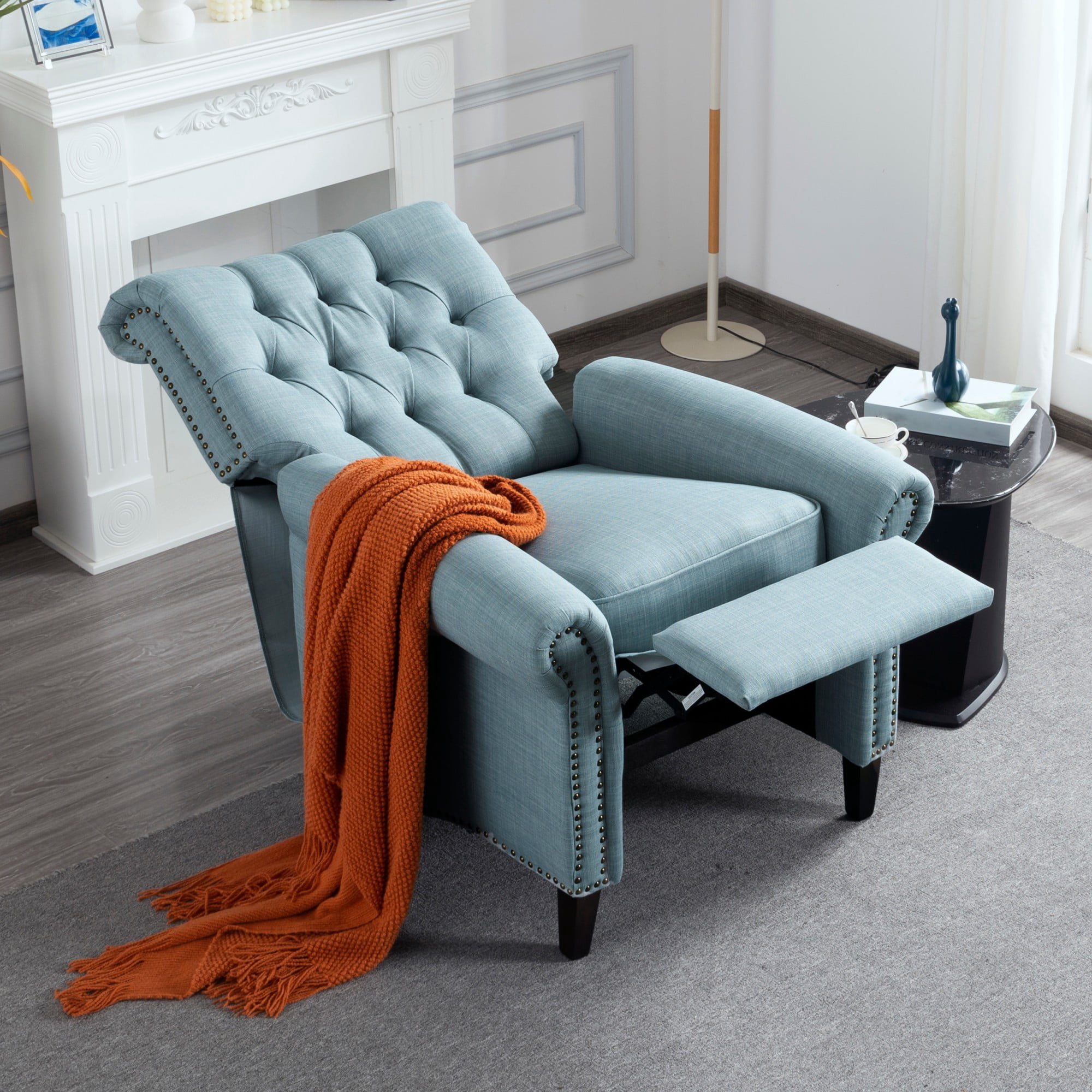 BSHTI Pushback Recliner Chair Linen Upholstered Armchair for Living Room Home Theater, Manual Single Sofa with Nailhead Trim, Rolled Arms, Wood Legs, Adjustable Footrest(Blue)