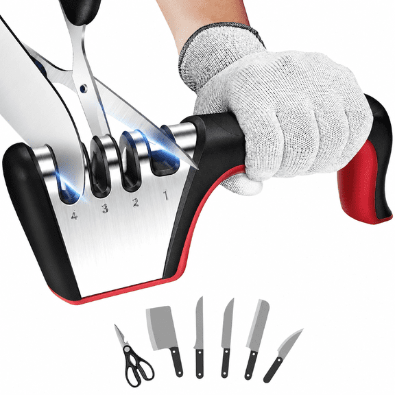 Knife Sharpener 4 Stage ABS Black Red Non Slip with Cut Resistant Glove for Kitchen Knives Scissors