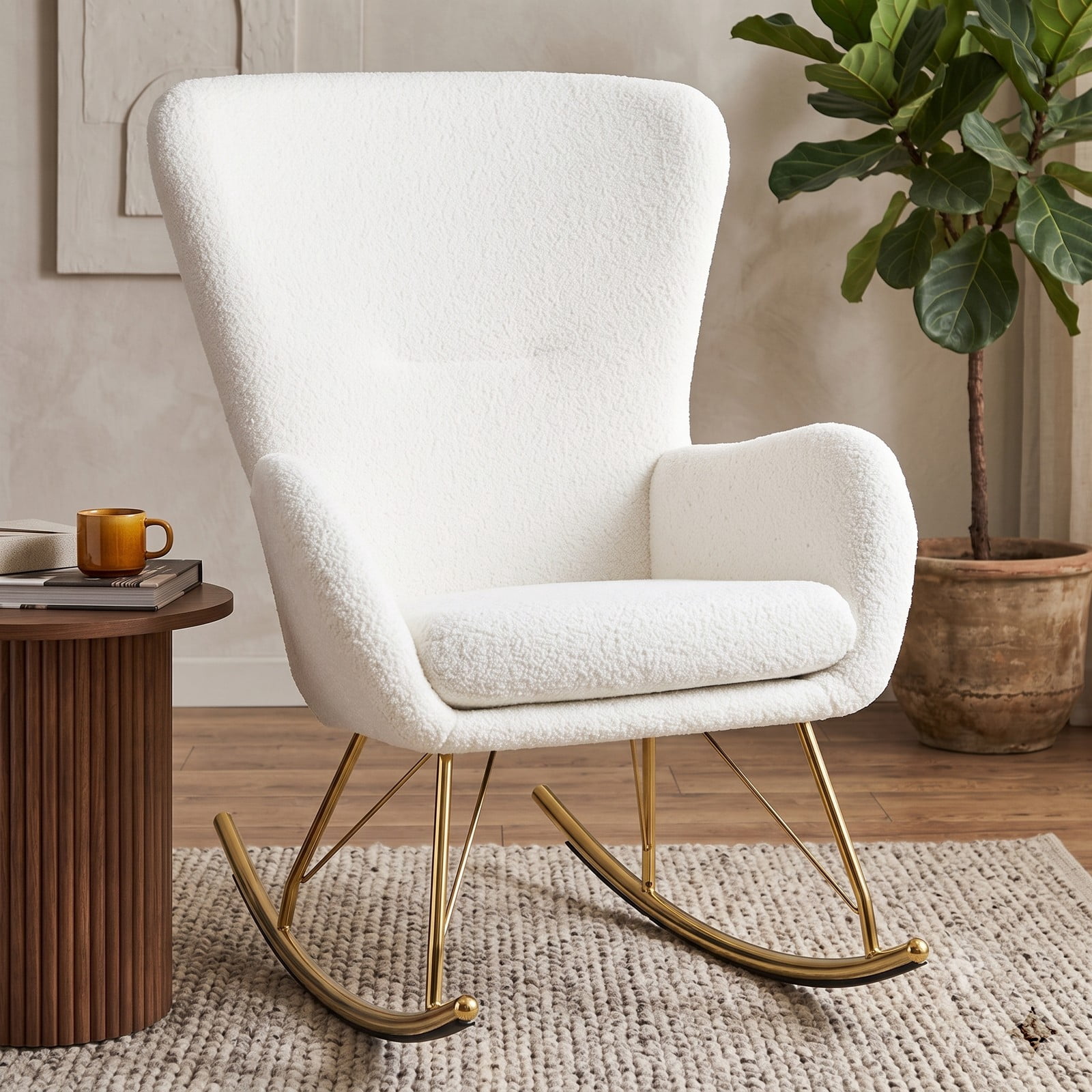 Furnibear Nursery Rocking Chair with Curved Backrest and Armrests, Upholstered Teddy Fleece Glider Rocker with Metal Legs for Living Room Bedroom Nursery, 330, White