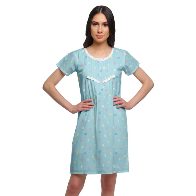 Moomaya Chemise de Nuit à Manches Courtes Imprimée pour Femmes, Col Rond, en Coton, Vêtement de Nuit