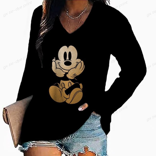 Women Vintage floral print V-Neck T-Shirt Fashion Casual Women Disney Mickey Mouse Print Long Sleeves Loose Tee Shirt Women TL Gao Jinjia LED