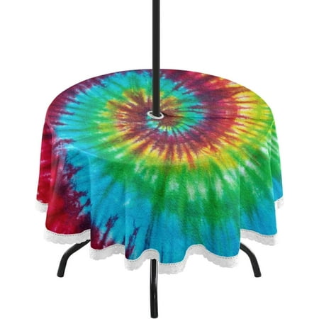 Coolnut 60" Round Tablecloth 60In,Tie Dye Pattern Waterproof Table Cover with Umbrella Hole and Zipper,Party Patio Table Covers for Indoor & Outdoor Backyard /BBQ/Picnic