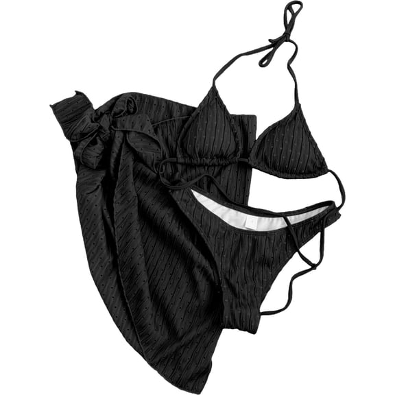 Ynynloco Women 3 Piece Swimsuits Triangle Halter Sexy Textured Backless Side Tie Thong and Cover Up Skirt