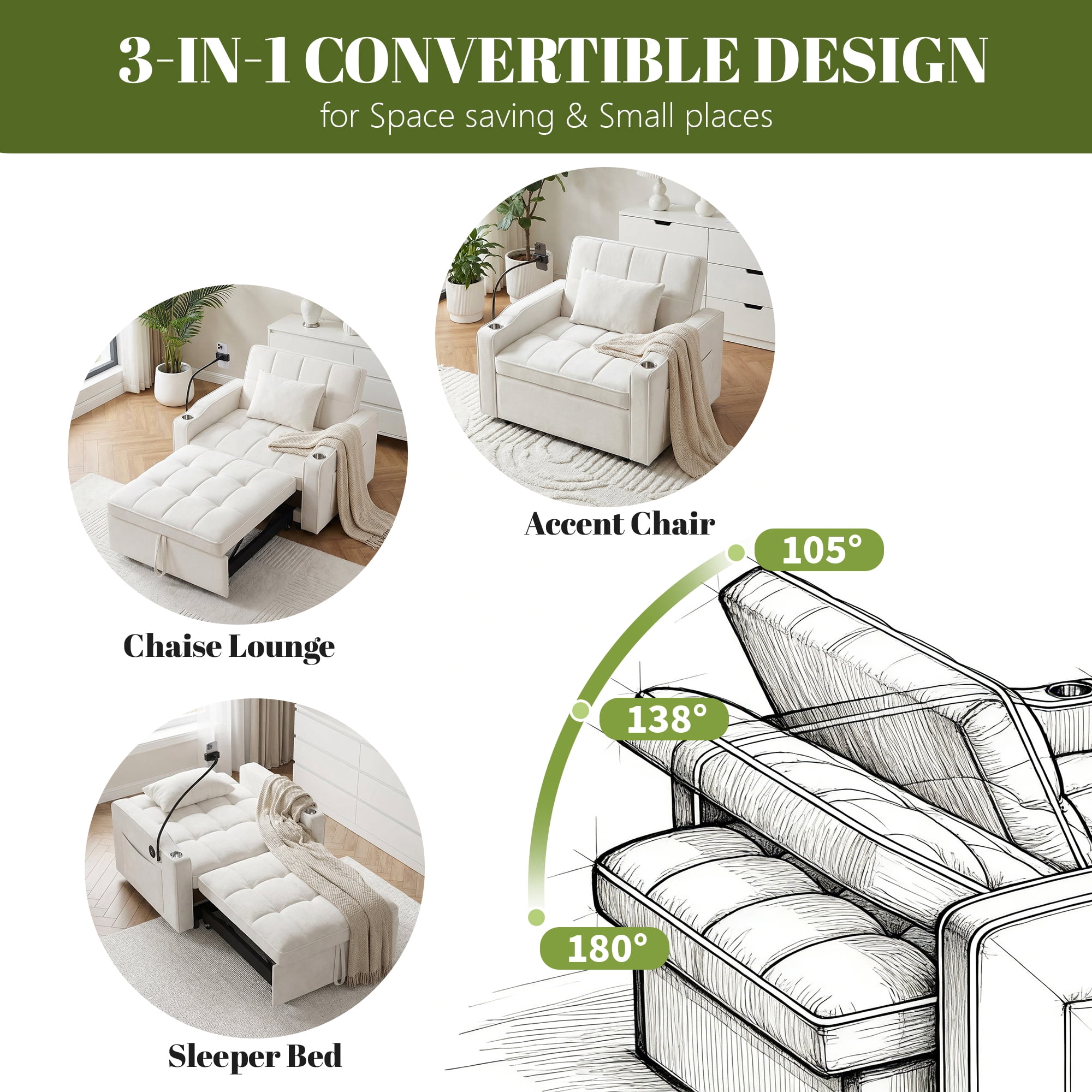 Gewnee 37.2''Convertible Sofa Bed with USB and Phone Holder,2 Cup Holders and 3 Adjustable Backrest,Suitable for Living Room,Apartment and Office.Beige