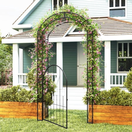 Costway 84 Tall Garden Arch with Gate & Trellises.Metal Arbor for Climbing Plants Patio