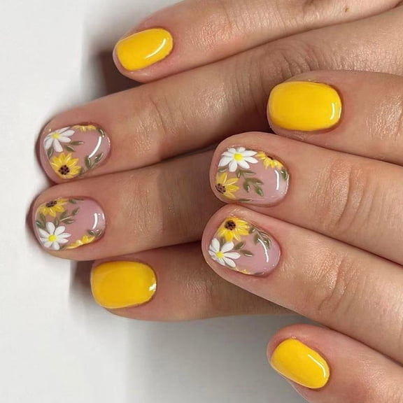24Pieces Short Square Shape with Yellow Flower Pattern Glossy Finish Faux Nails Glues On Nails for Women