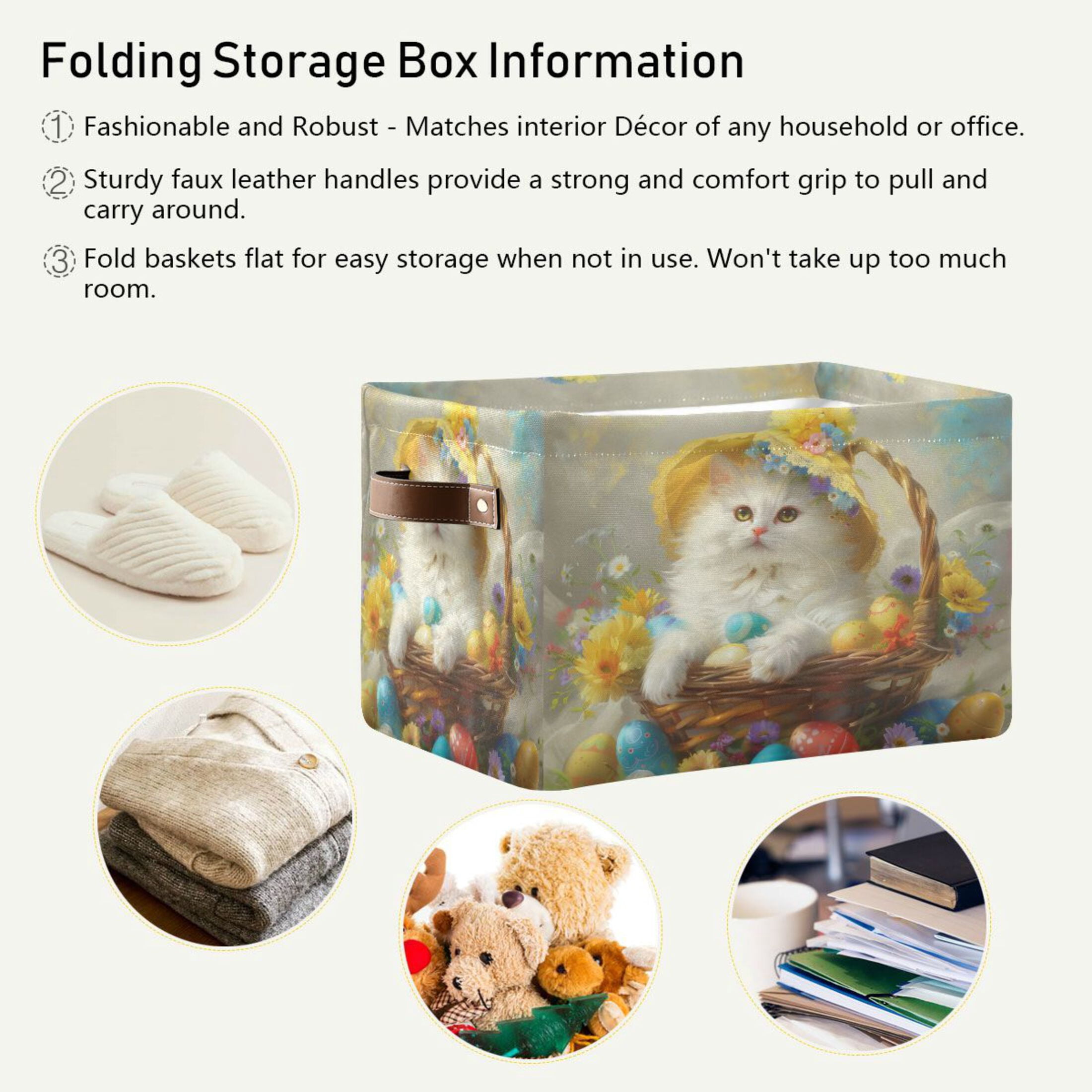 Storage Bins with Handle Fabric Organizer Basket Foldable Box 1 Pack Easter Egg with Cat 14.2x10.2x8.3