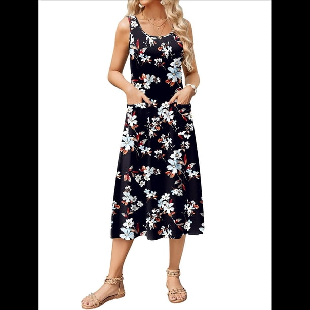 Vestido de Verano para Mujer, Sin Mangas, Floral, con Cuello Redondo, Cintura Alta, Corte A, Midi y Bolsillos y Negro S