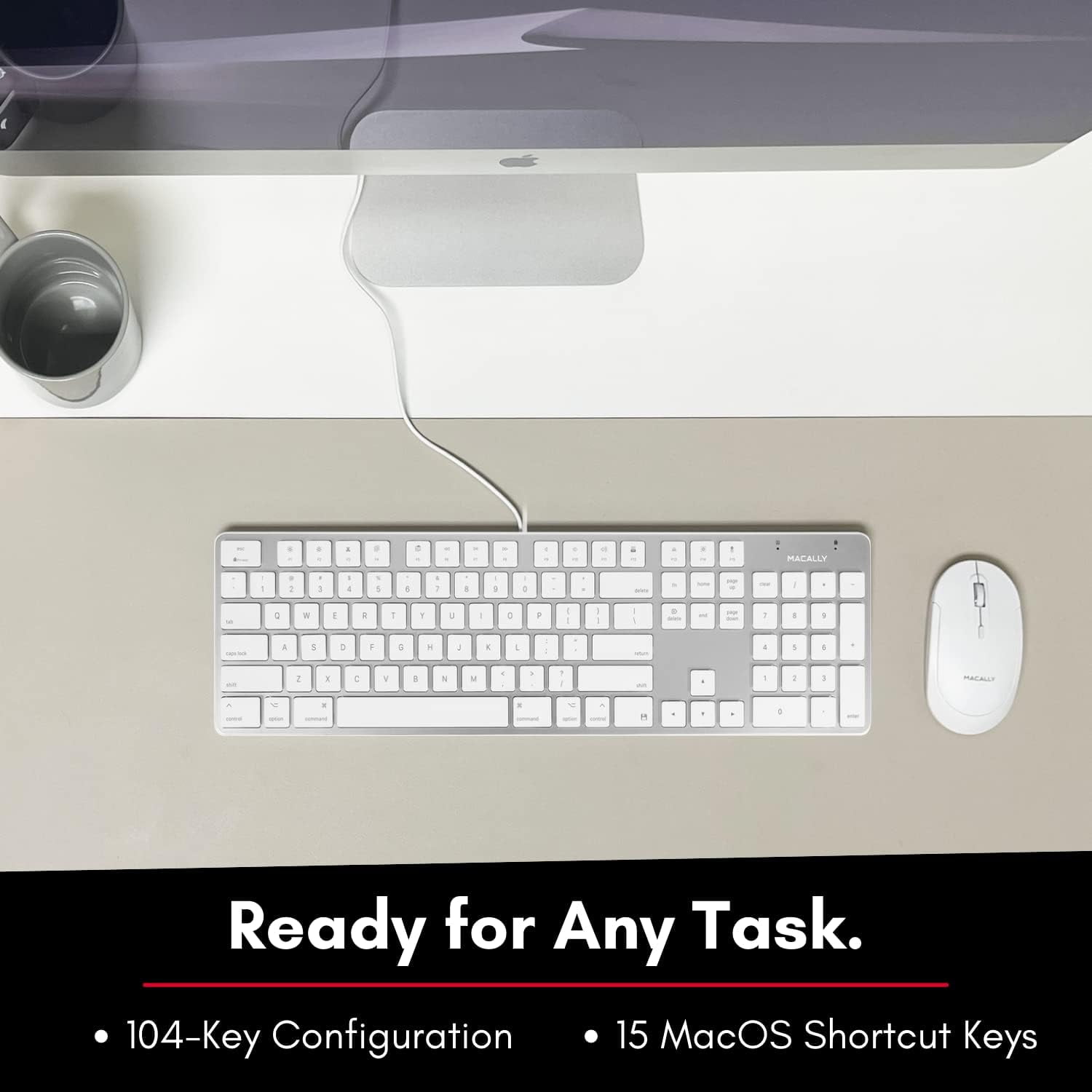 Macally Aluminum Ultra-Slim USB Wired Keyboard with Scissor Switch, 110 Shortcut Keys, LED Indicators, Silver