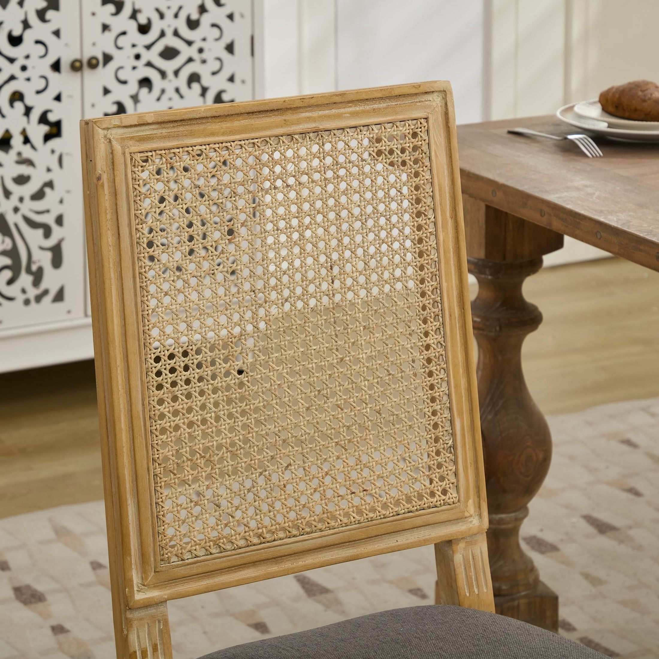 Noble House Set of 2 French Decor Dining Chairs, Rattan Backrest, Linen Fabric Seat, Gray