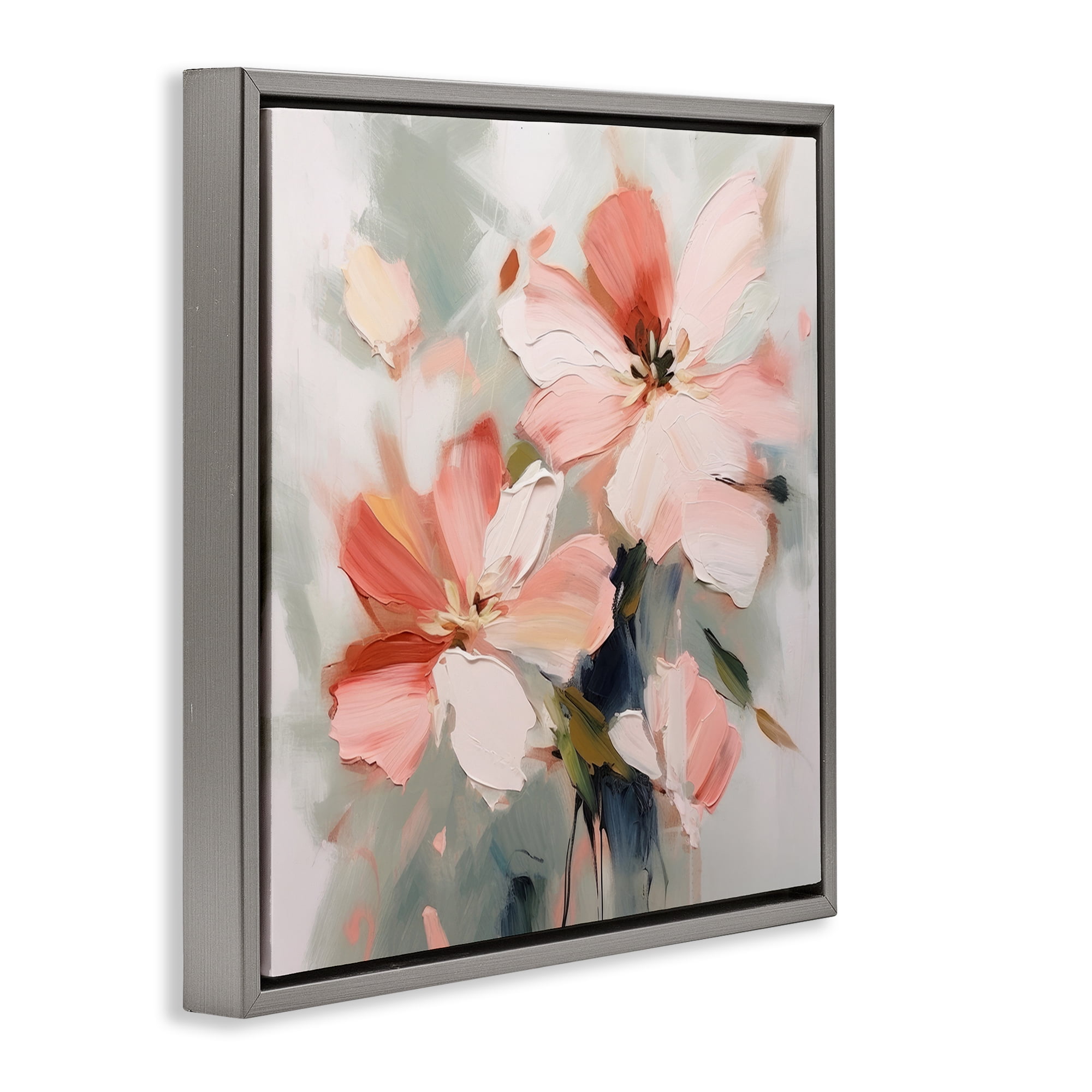 Stupell Industries Charming Pink Blossoms Plants & Flowers Painting Gray Floater Framed Canvas Art Print Wall Art, 18 x 18