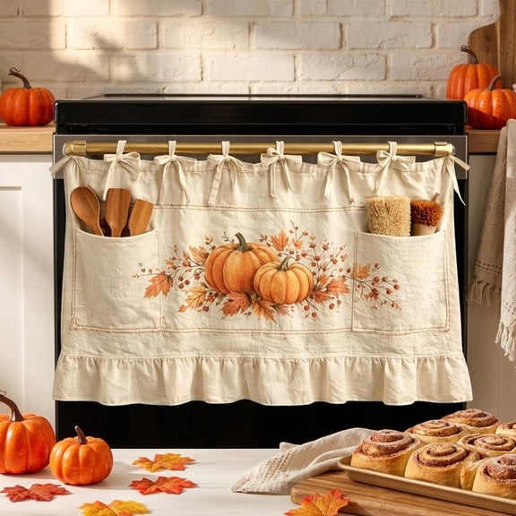 Handmade Oven Skirt for Kitchen, Rustic Stove Curtain with Pockets Ribbon Ties Tabs and Ruffled Trim, Oven Curtain Cover for Dishwashers, Washing Machines Kitchen