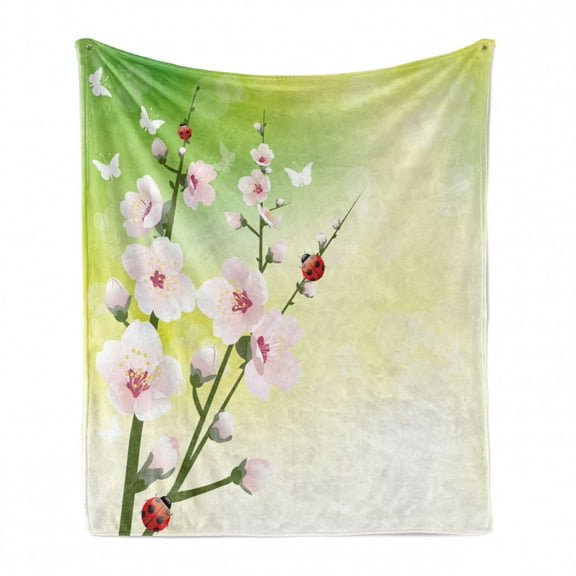Ladybugs Soft Flannel Fleece Throw Blanket, Blooming Flowers in the Field and Ladybugs Japanese Leaf Petals Nature Graphic, Cozy Plush for Indoor and Outdoor Use, 50" x 70", Green Pink, by Ambesonne