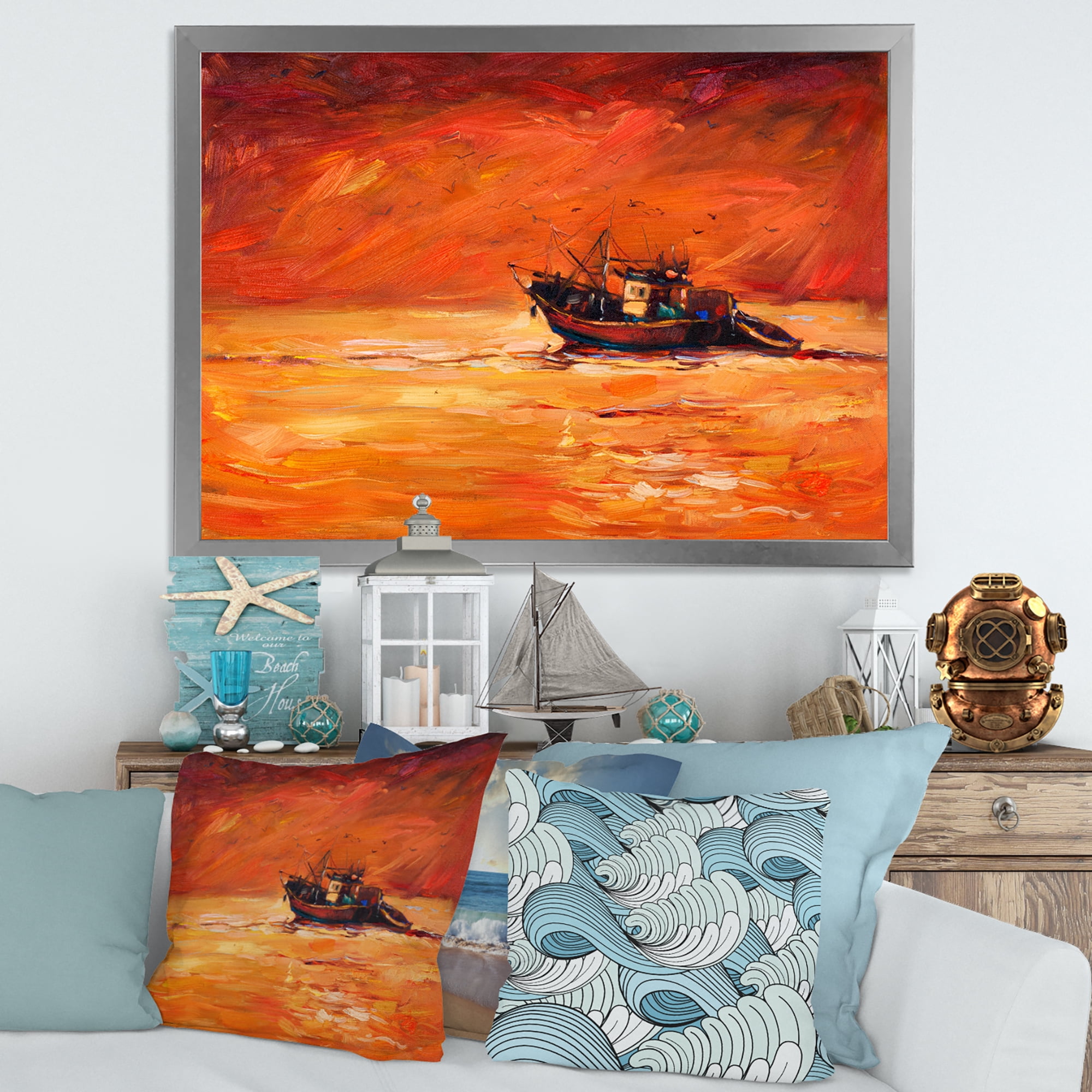 Fishing Boat During Red Evening Glow 40 in x 30 in Framed Painting Canvas Art Print, by Designart