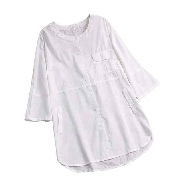 Pompotops Chemise Femme Unie Vintage Décontractée en Coton et Lin à Manches Courtes Col en V Hauts/chemise Liquidation
