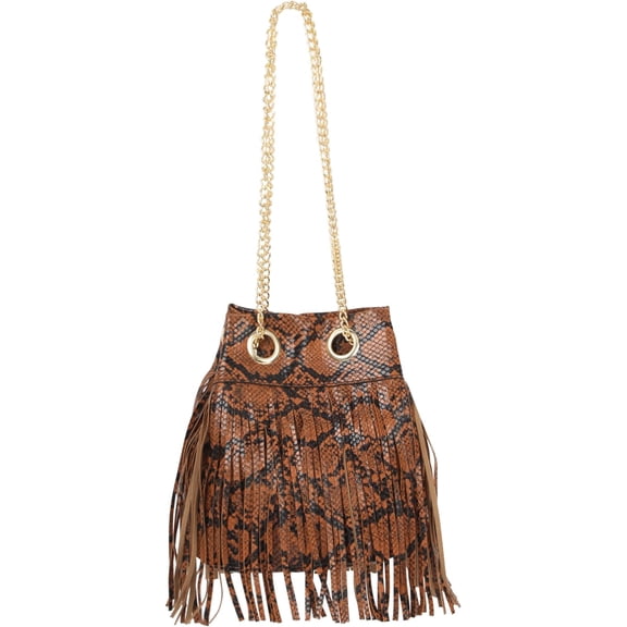 LinYooLi Women Small Tassels Snakeskin pattern Faux Leather Cross-body Bag Chain Drawstring Shoulder Bag