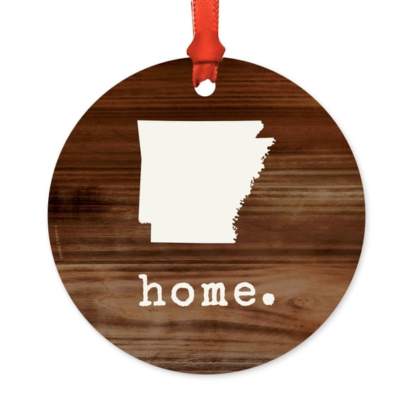 US State Round Metal Christmas Ornament, Rustic Wood Print, Arkansas, Includes Ribbon and Gift Bag