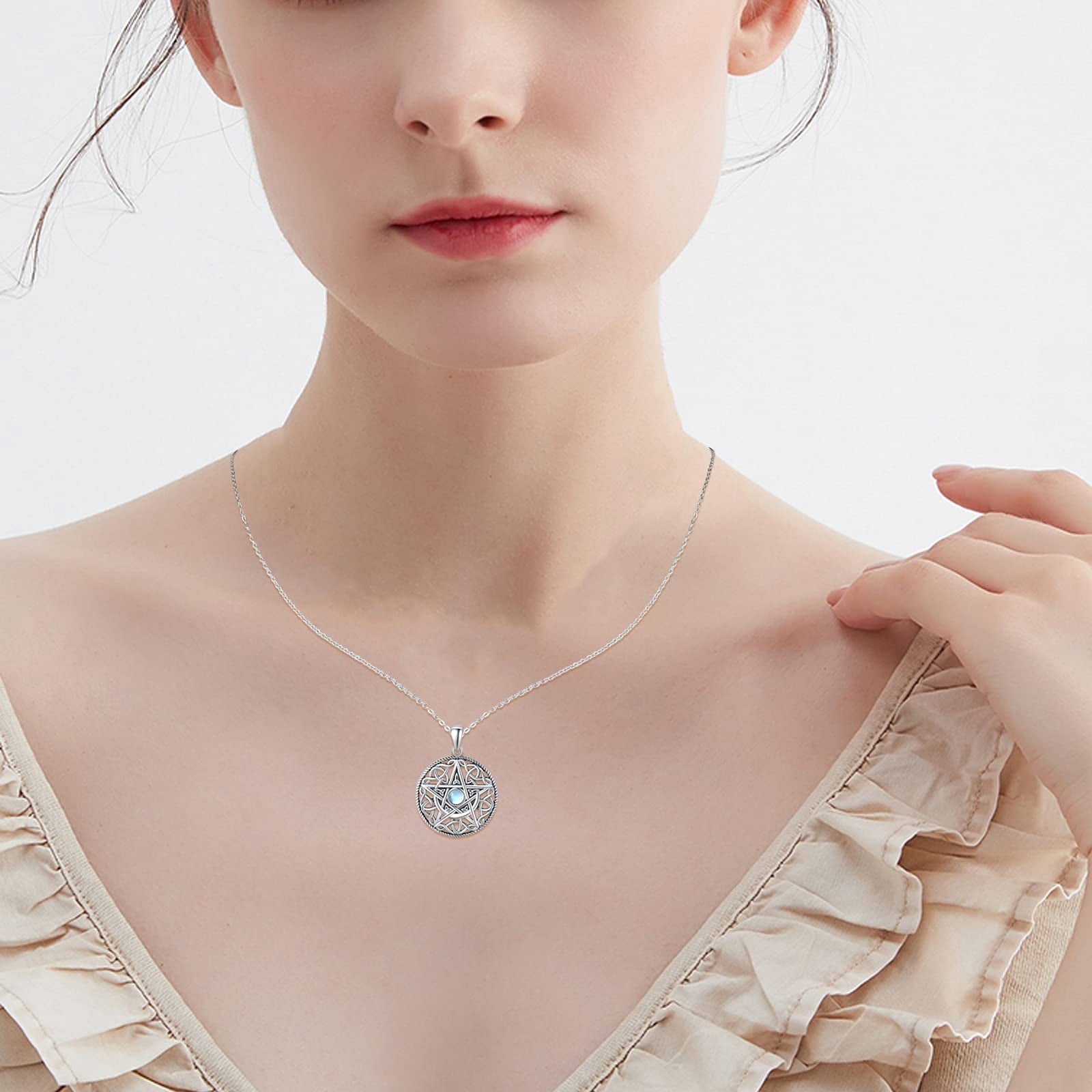 Coachuhhar Pentagram Necklace 925 Sterling Silver Moon Pentacle Pendant Celtic Knot Pagan Witchy Wiccan Amulet Jewelry Gifts for Women