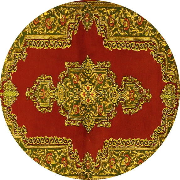 Ahgly Company Machine Washable Indoor Round Medallion Yellow Traditional Area Rugs, 3' Round
