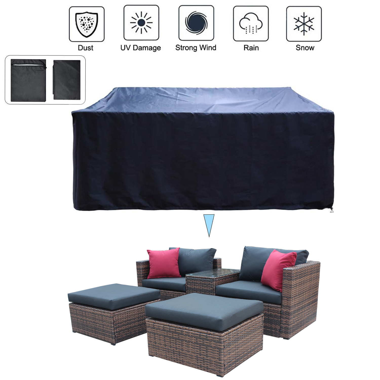 5 Pieces Outdoor Patio Sectional Sofa Set, Rattan and Black Cushion with Weather Protecting Cover, Patio Sofa Sets with 2 Rattan Chairs, 2 Pieces Patio Rattan Ottomans and Coffee Table - image 4 of 7