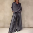 thumbnail image 2 of Womens Outfits Women's Elegant Off Shoulder Blouse and Satin Wide Leg Pants Two Piece Set Fashionable Monochrome Dressy Evening Ensemble Solid Color Crew Neck Long Sleeve Full Length Navy XXL, 2 of 4