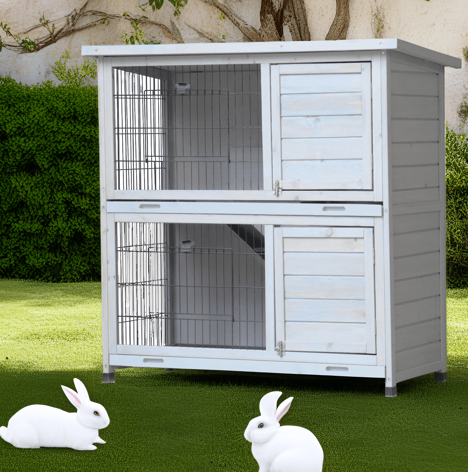 Anykoon Rabbit Hutch Outdoor, Fence, for Small Animals , 2-Story Rabbit Cage Indoor with Run, Bunny Cage with 2 Removable No-Leak Trays, Pet Cages with Non-Slip Ramp, Waterproof Roof