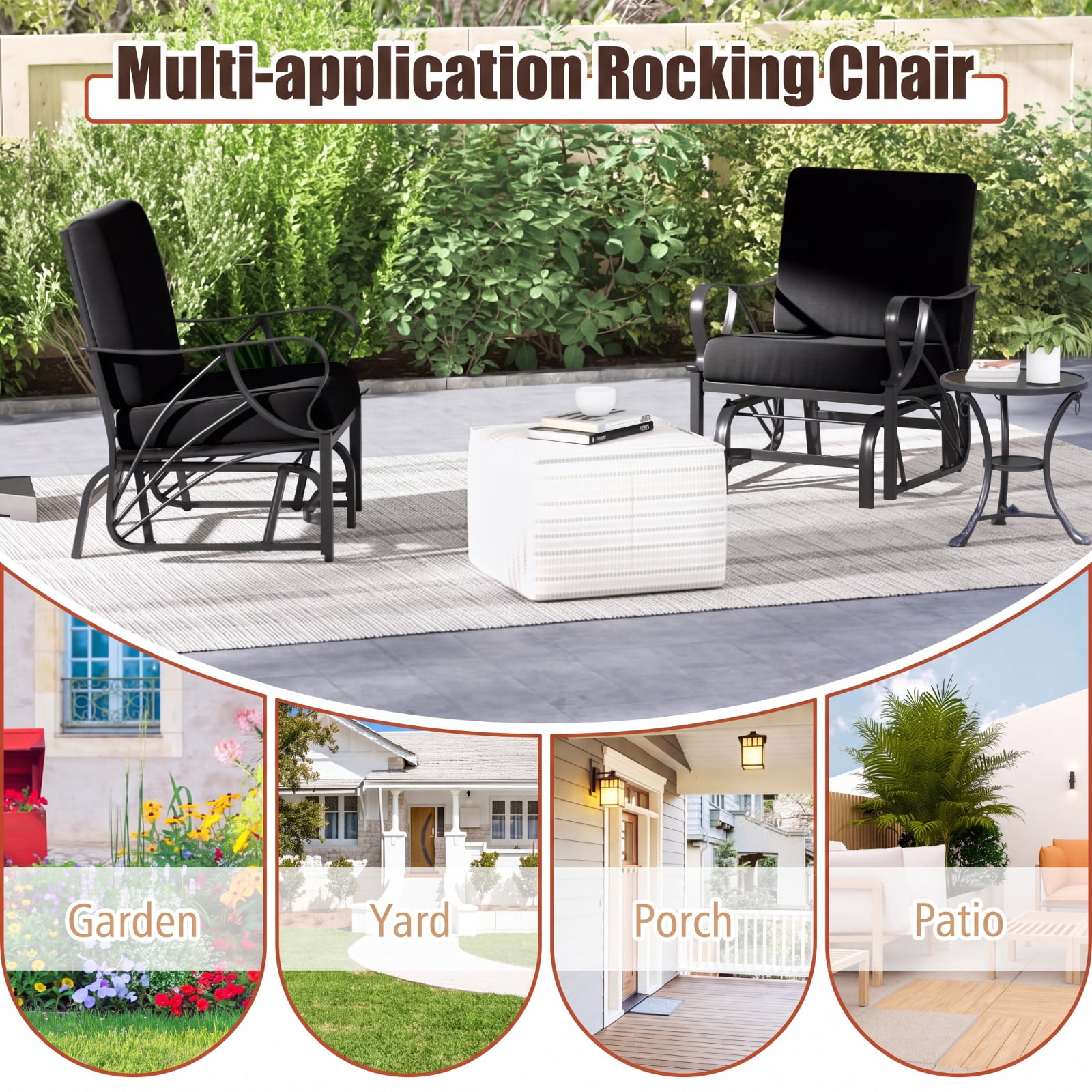 Furnibear Patio Glider Rocking Chair with Thick Cushion Curved Armrests Easy to Clean Metal Frame and Smooth Gliding Motion for Porch, Black
