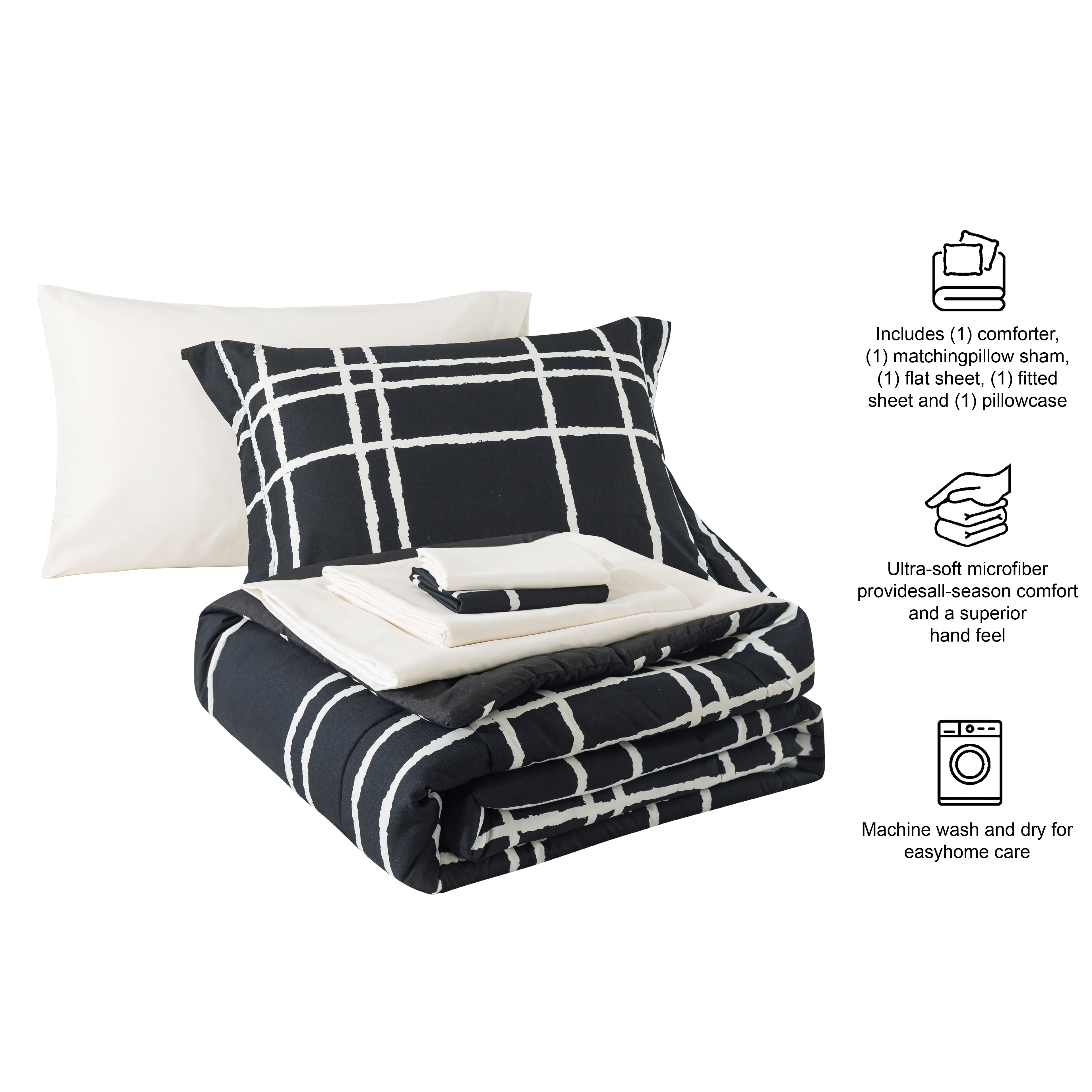Mainstays 5-Piece Reversible Bed in a Bag Comforter Set with Sheets, Black and White Checker, Twin-XL