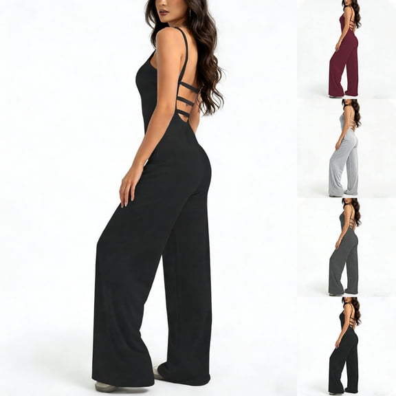 QATAINLAV Gray Women's Backless Sleeveless Jumpsuits Casual Scoop Neck Spaghetti Strap Onesie Pants Solid Color Wide Leg Romper XL