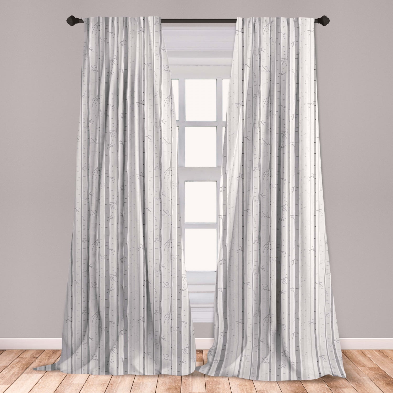 Grey and White Curtains 2 Panels Set, Birch Tree Grove Leafless