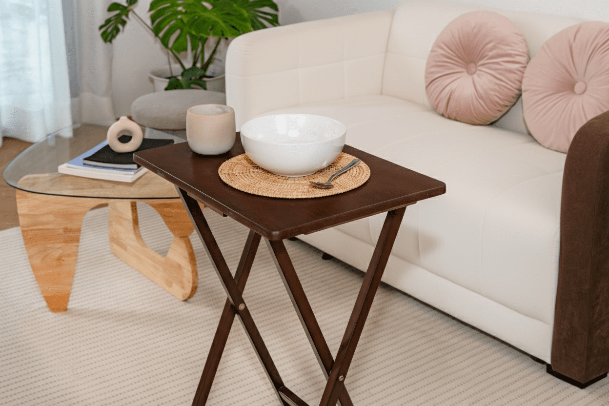 Mainstays 3-Piece Rubberwood Folding TV Tray Table Set of 2 with Storage Rack, Walnut