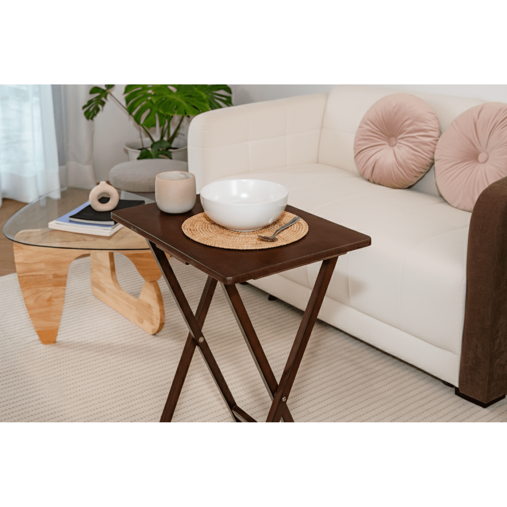 Mainstays Rubberwood Folding TV Tray Table Set with Storage Rack, 2-Piece, Walnut