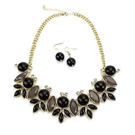 Elegant Black and Gray Crystal Bib Statement Necklace and Earring Set with Gold Tone Chain Jewelry Necklace Earring Gold