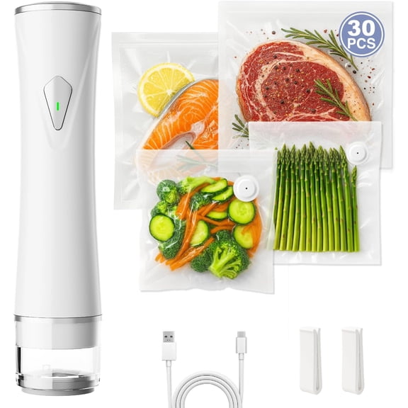 Compact Vacuum Sealer for Food, Handheld Saver Vacuum Sealer Machine with 30 Reusable Bags for Preservation & Fresh White