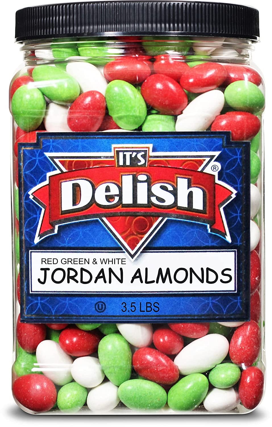 Christmas White, Red & Green Jordan Almonds by Its Delish, 3.5 lbs. Jumbo Reusable Container  Candied Almonds with Sweet Hard Candy Coating - Perfect for Christmas Themed Parties - USA Made & Vegan