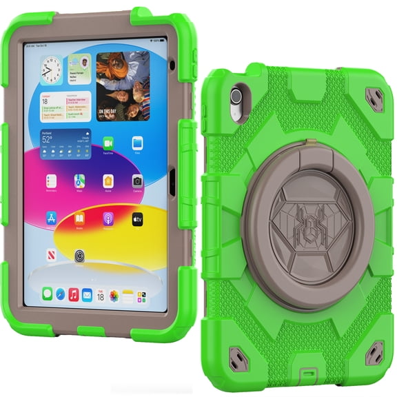 Decase for iPad 10th Generation Cute Tablet Shell,Kids Friendly Hybrid Shockproof Drop Proof Cover for iPad 10th Generation 10.9 Inch 2022 With Ring Handle Kickstand & Shoulder Strap, Green