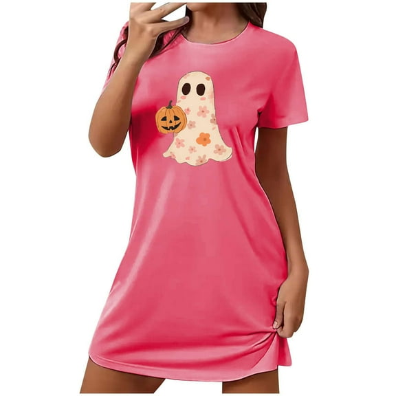 Xfvqtps Womens Nightgown Cute Chest Print Ghost Pumpkin Cropped Short Sleeve Crewneck Solid Color Fashion Comfortable Pajamas Hot Pink