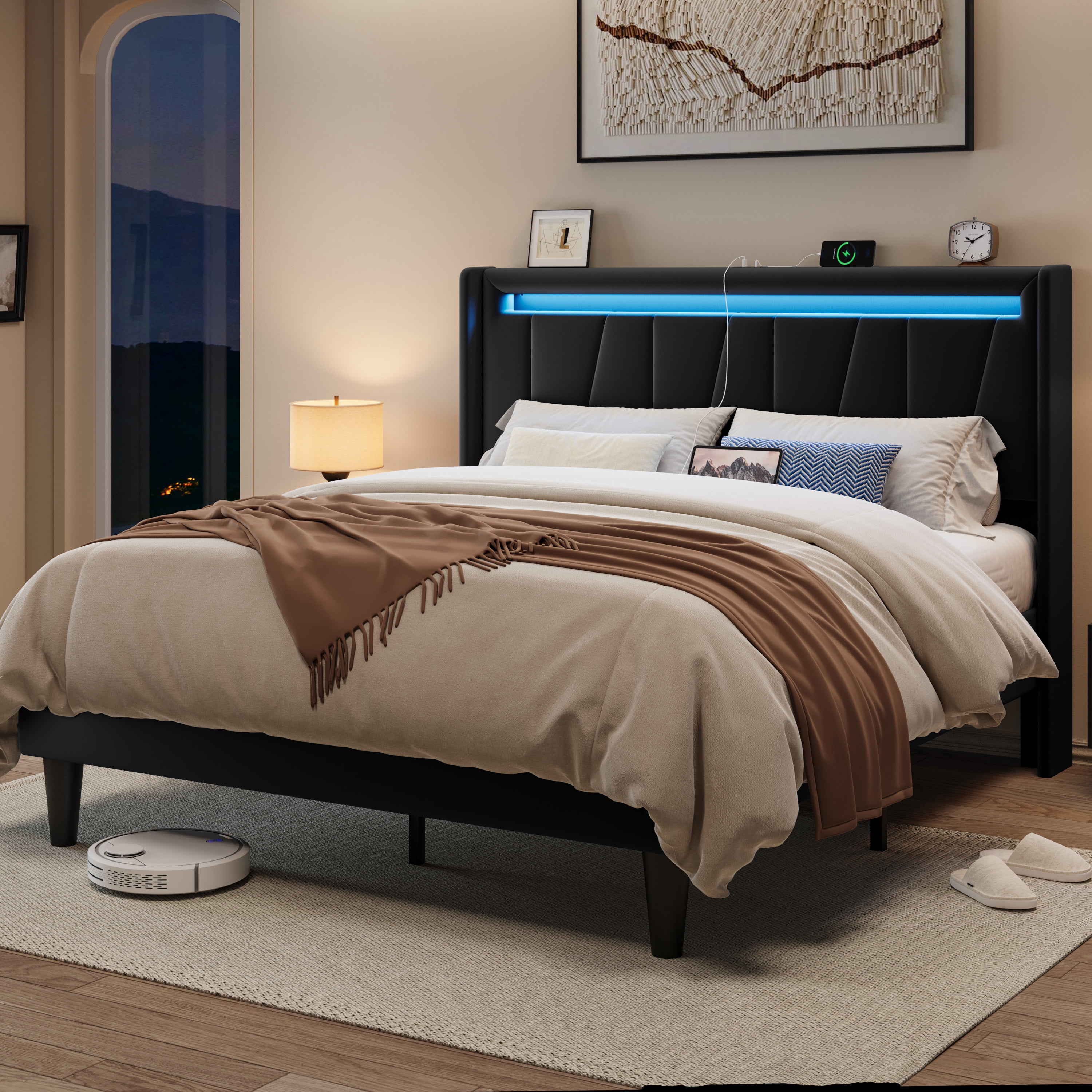 Allewie Full Size LED Bed Frame with Charging Station, Velvet Upholstered Platform Bed with Geometric Wingback Headboard, Black
