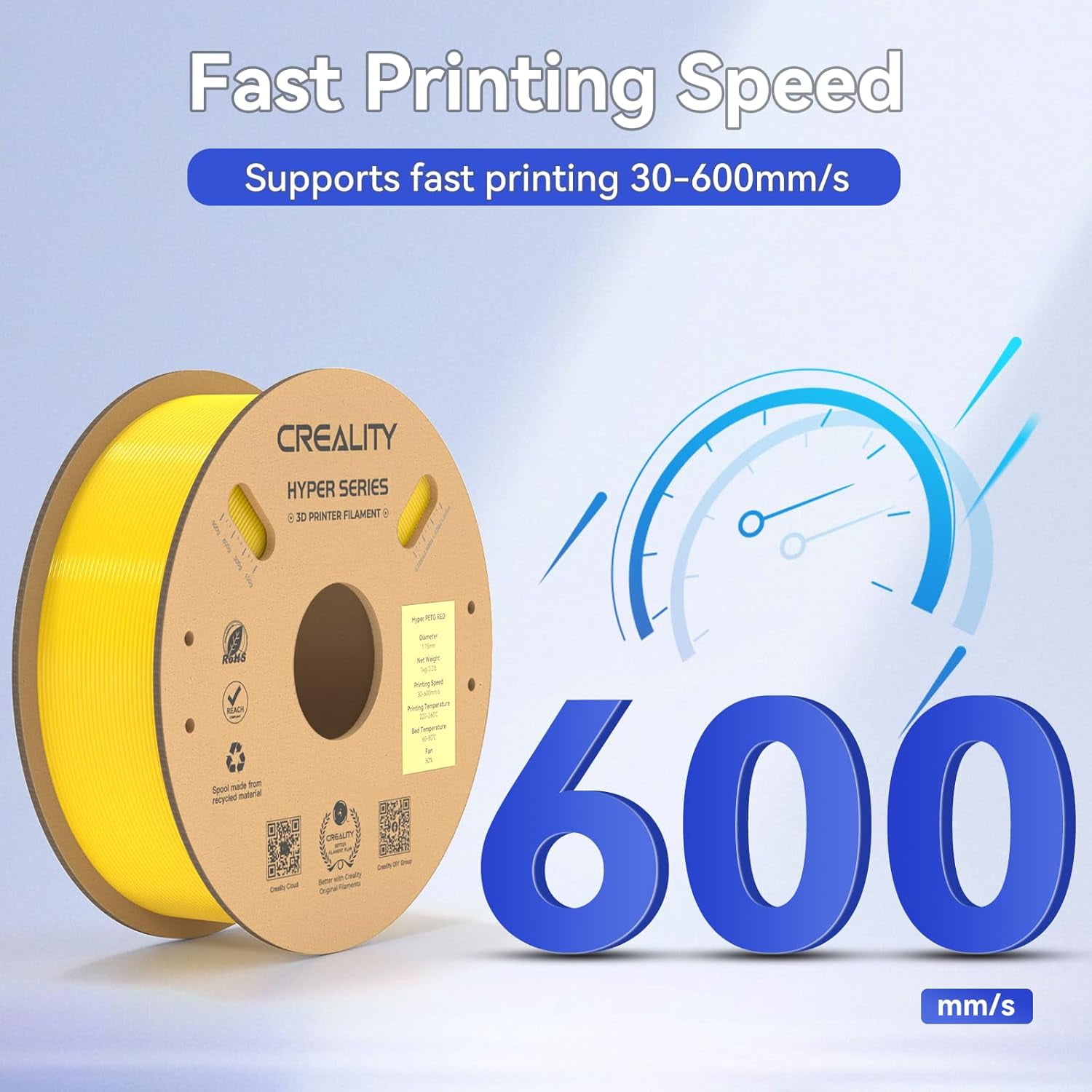 Official Hyper PETG Filament 1.75mm, High Speed 600mm/s 3D Printer Filament PETG, 1kg(2.2lbs)/Spool, Dimensional Accuracy ± 0.05 mm (Yellow)