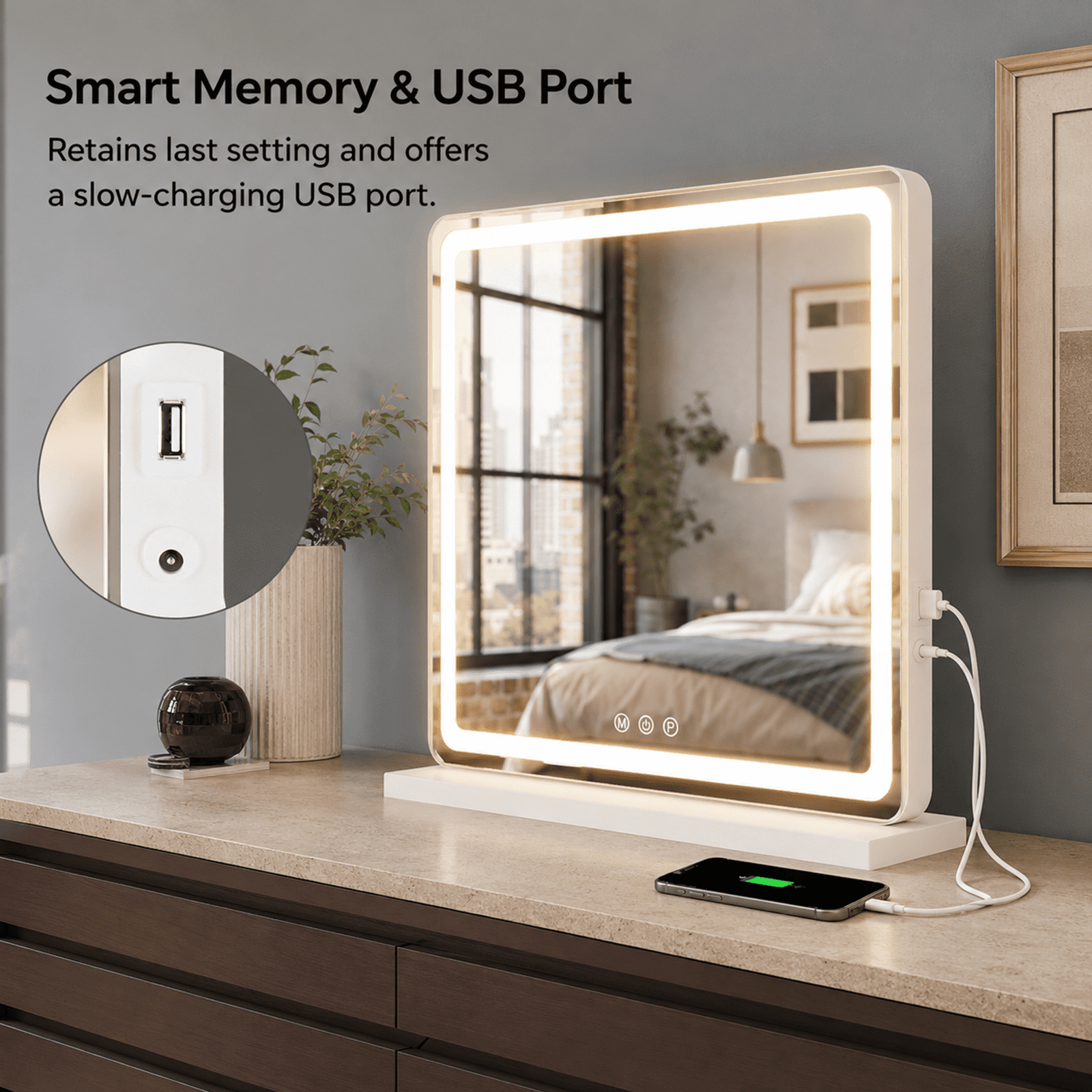 Alvantor Vanity Mirror with Lights, LED Makeup Mirror, Lighted Makeup Mirror with Dimmable 3 Modes, Touch Screen Control, USB Charging Port, Tabletop, 13"x17"/19"x22"/22"x32"