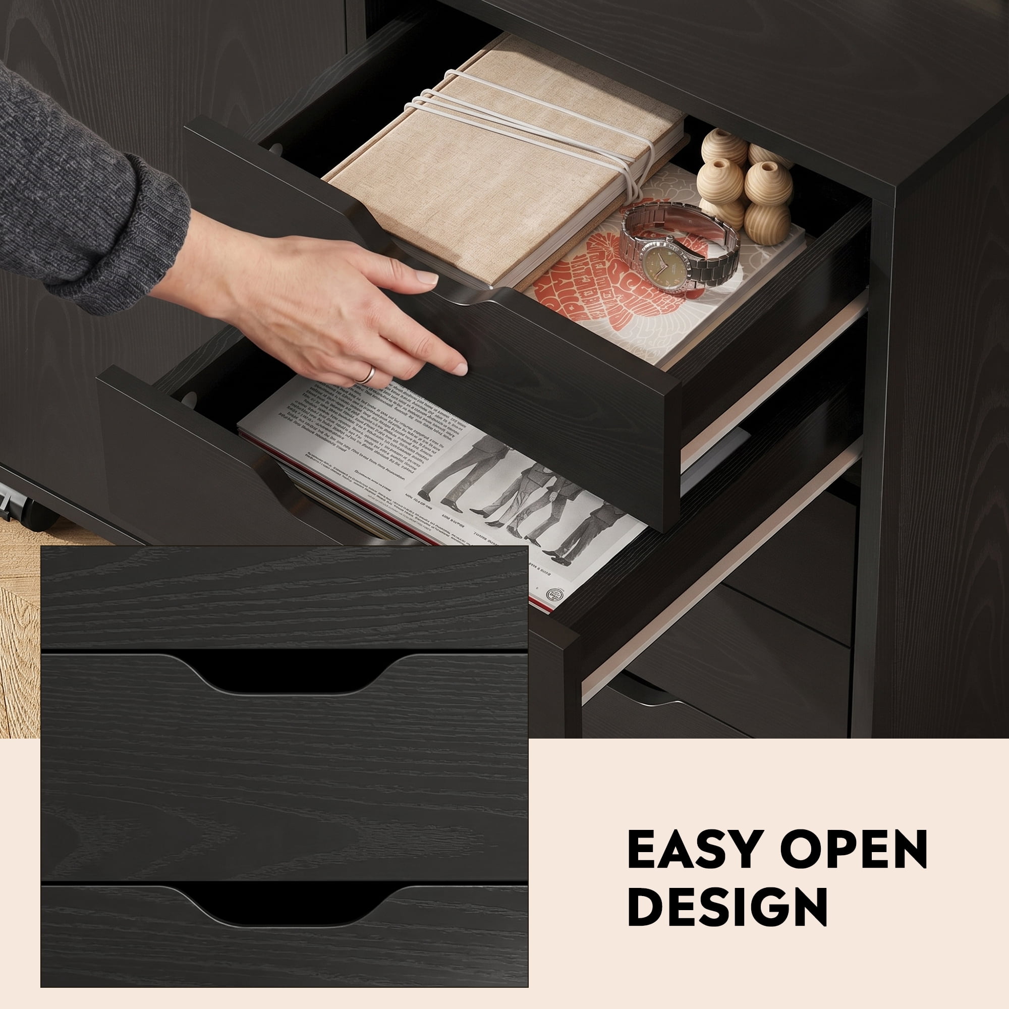 GALAXHERO 5-Drawer Storage Cabinet, Mobile Printer Stand Filing Cabinet for Home Office Cabinet, Wood File Cabinet, Black