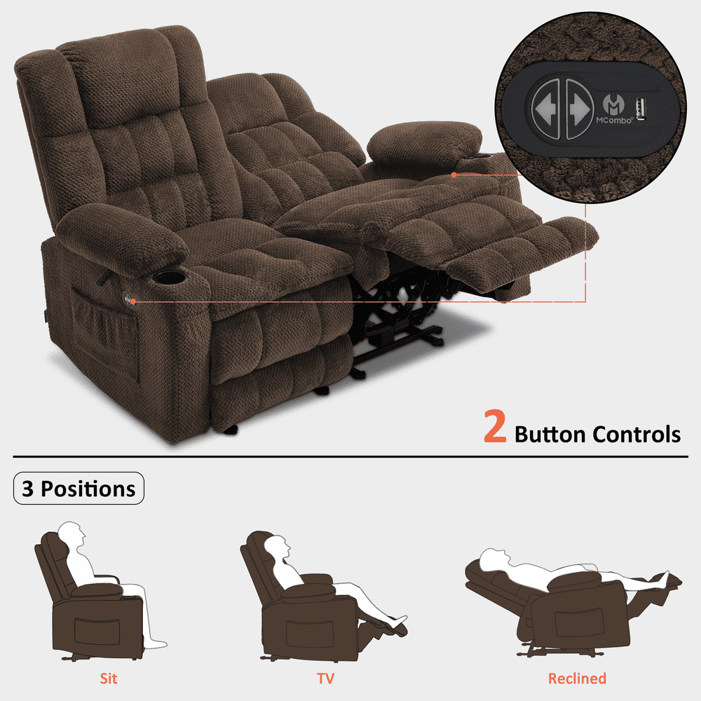 MCombo 57" Power Loveseat Recliner Sofa, Reclining Seating with Heat Vibration for Living Room, Fabric, Brown