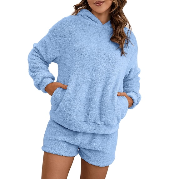 Gvmfive Women Hooded Fleece Loungewear Sleepwear Long Sleeve Tops Shorts Pajamas 2 Piece Sets