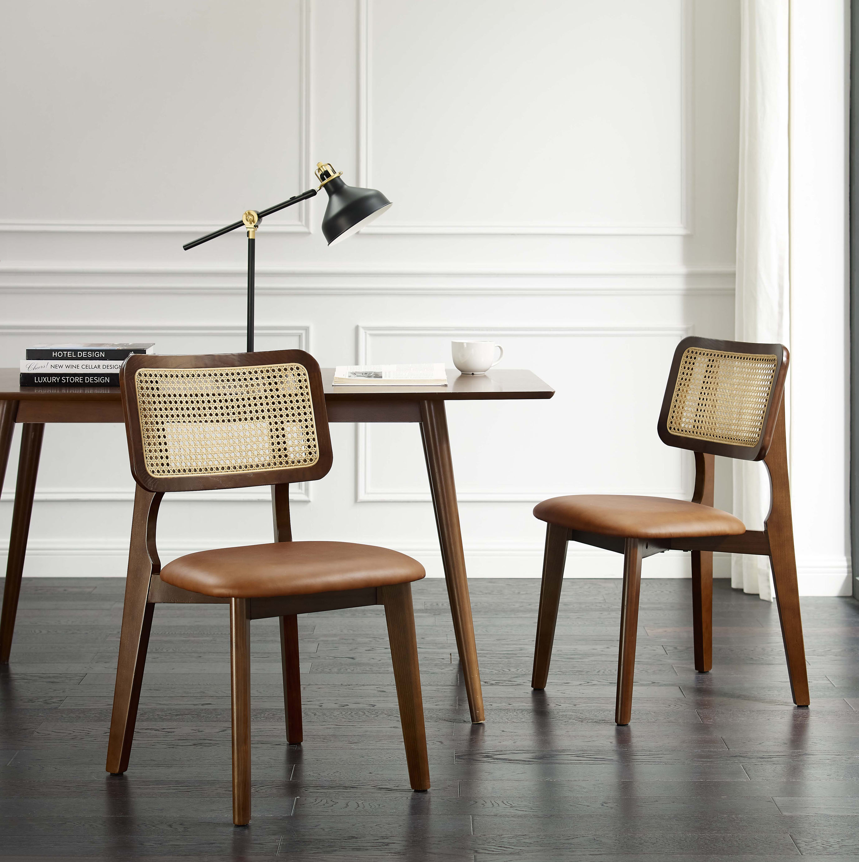 Art Leon Mid Century Dining Chair, Genuine Leather Rattan Cane Back Living Room Chairs with Oak