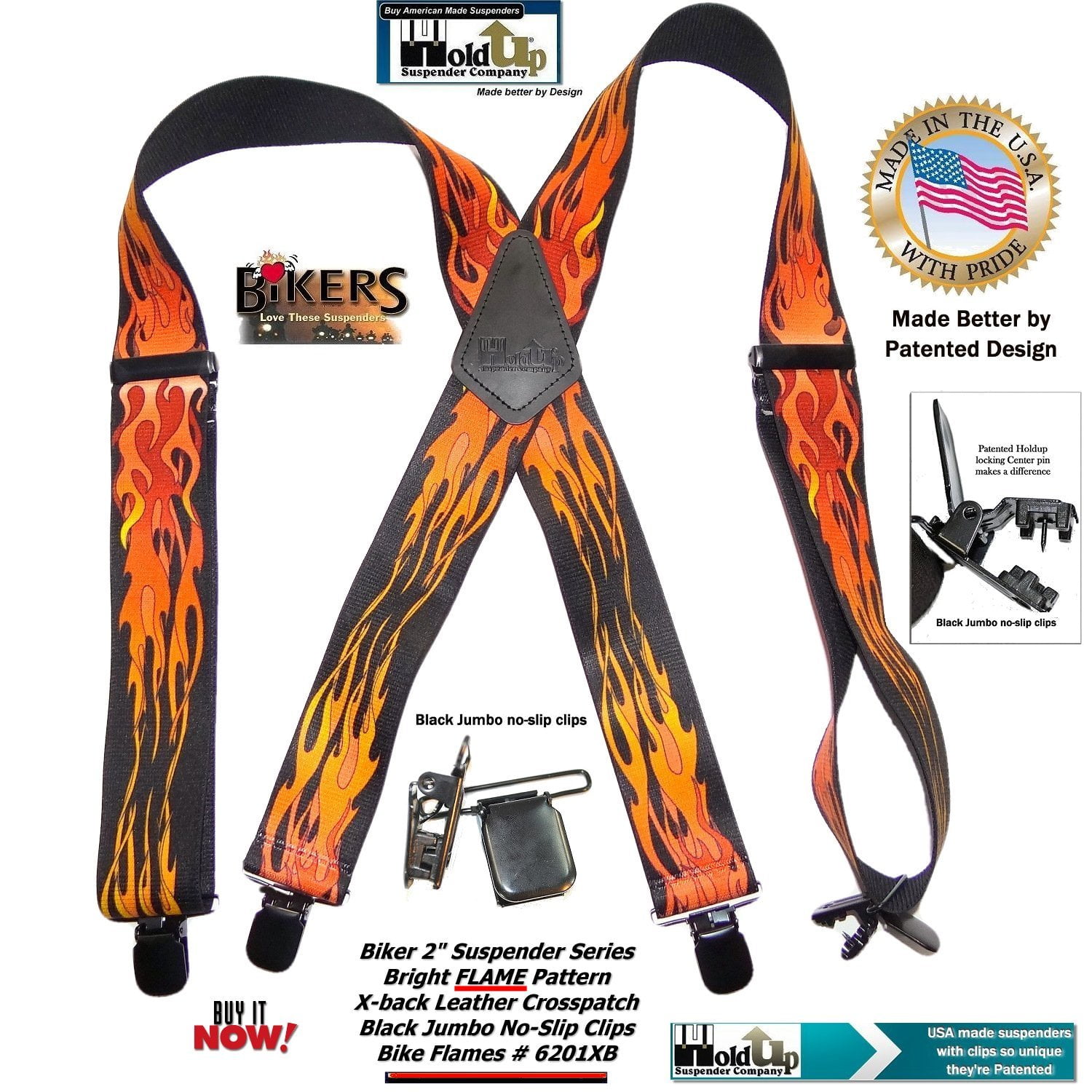 Holdup Suspender HoldUps Flame Pattern 2" wide Biker Suspenders with