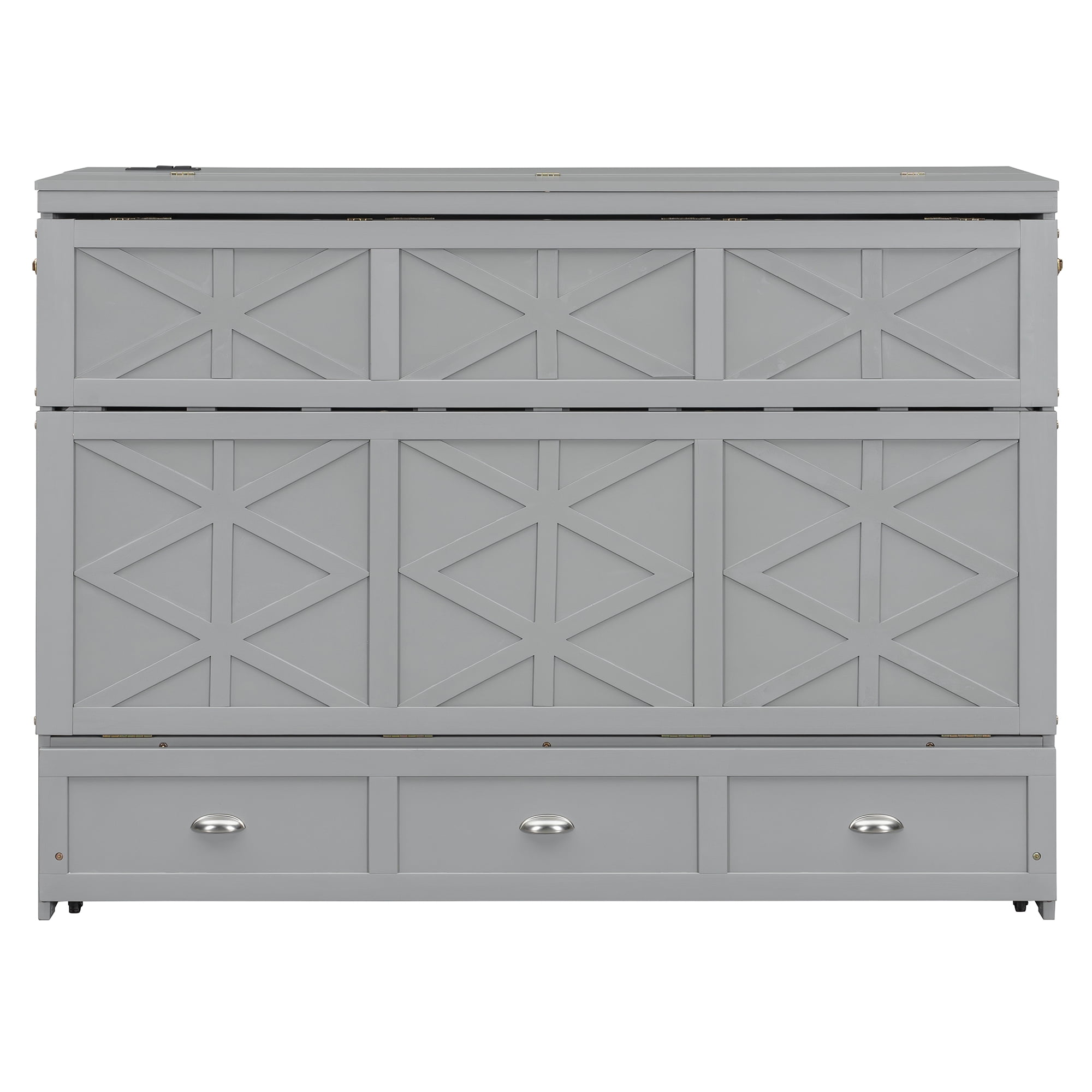 Mintazer Queen Size Murphy Bed with Charge Station & 3 Storage Drawers, Farmhouse Geometric Pattern Foldable Cabinet Wall Bed for Guest Room Small Apartment, Gray