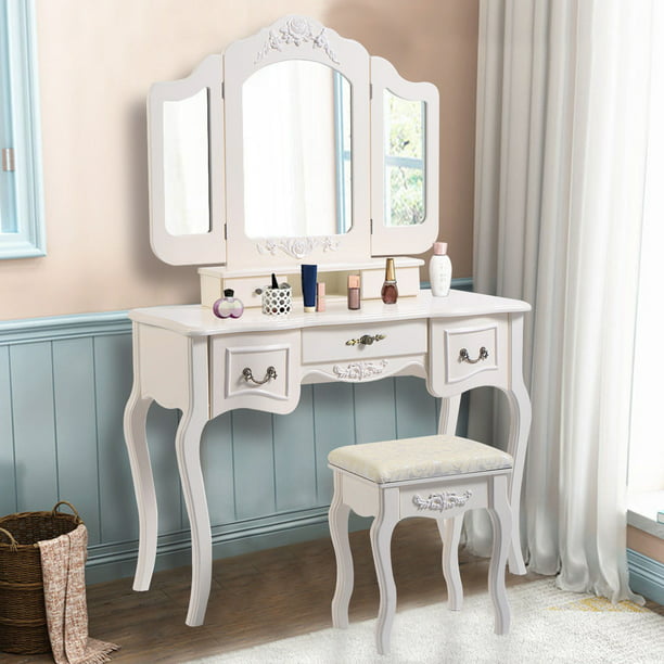 White Tri Fold Mirror Dresser With Dressing Stool Set Bathroom