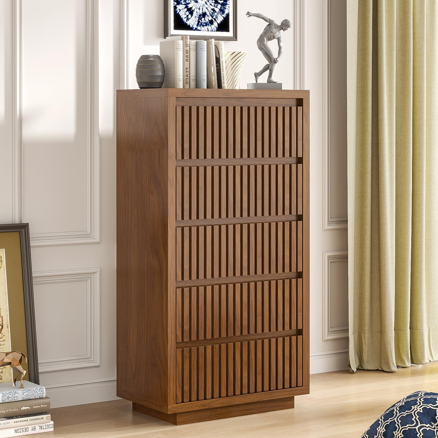 Fluted Tall 5 Drawer Dresser, 45" Mid Century Wood Chest for Bedroom, Modern Closet Clothes Storage Organizer, Walnut Brown Cabinet